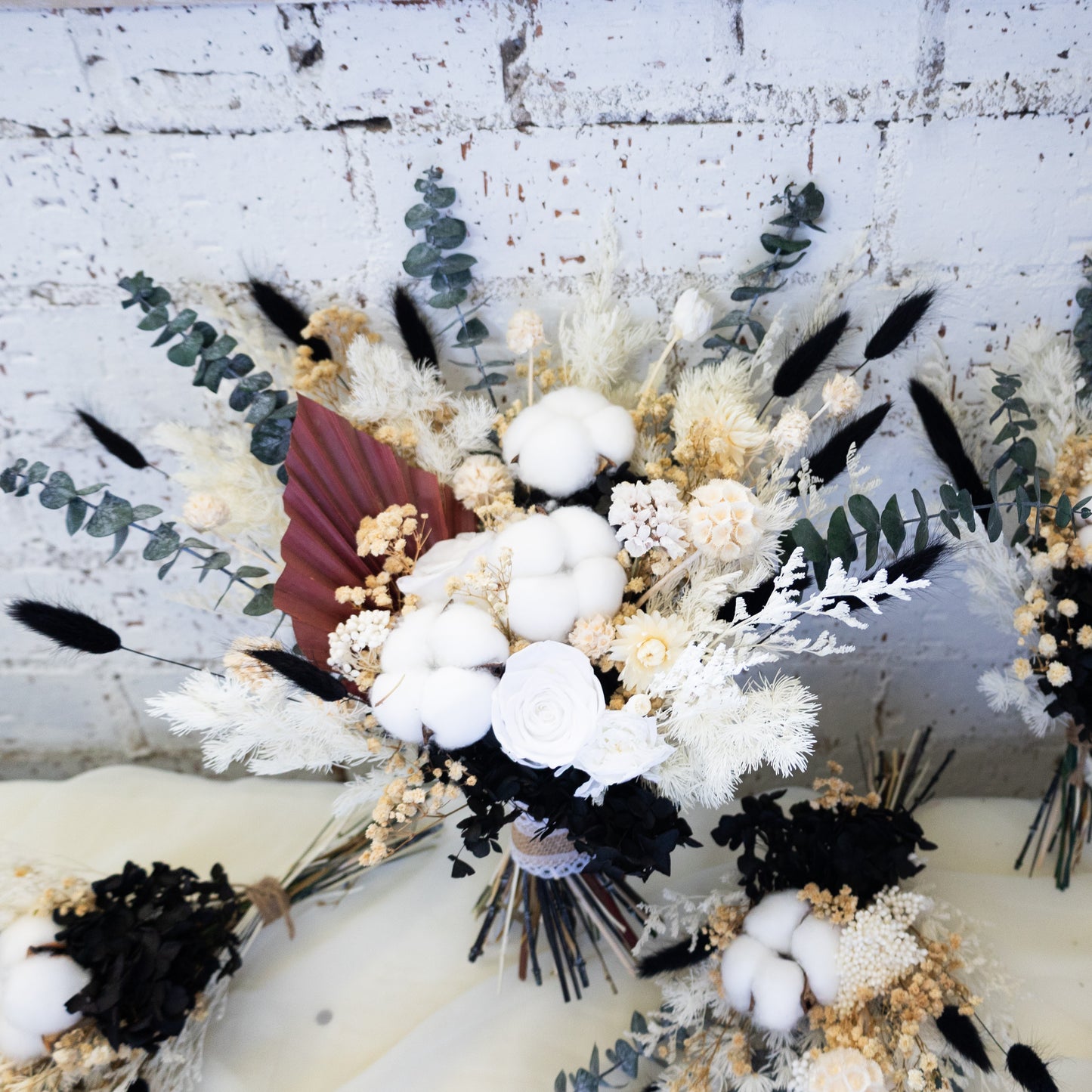 Black & White Preserved Dried Flower Bouquet – Cotton & Eucalyptus Arrangement