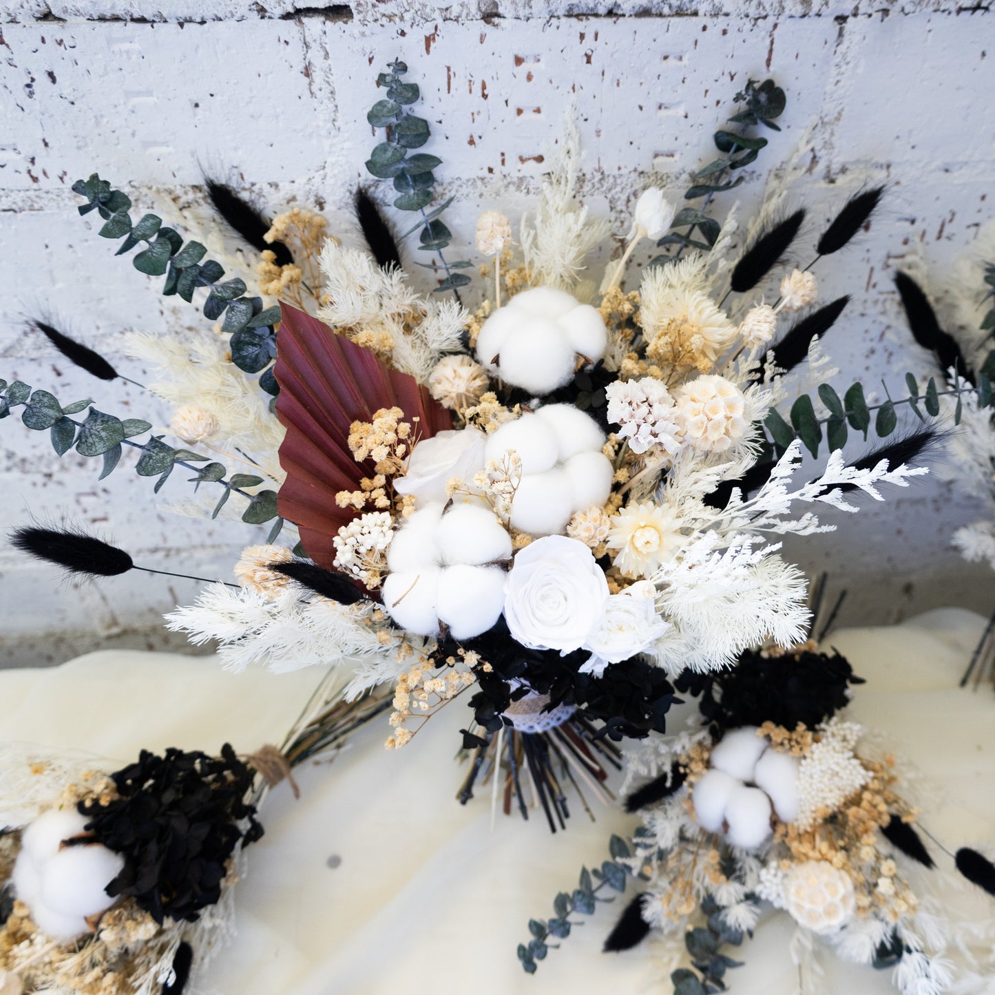 Black & White Preserved Dried Flower Bouquet – Cotton & Eucalyptus Arrangement