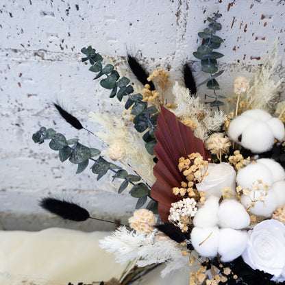 Black & White Preserved Dried Flower Bouquet – Cotton & Eucalyptus Arrangement