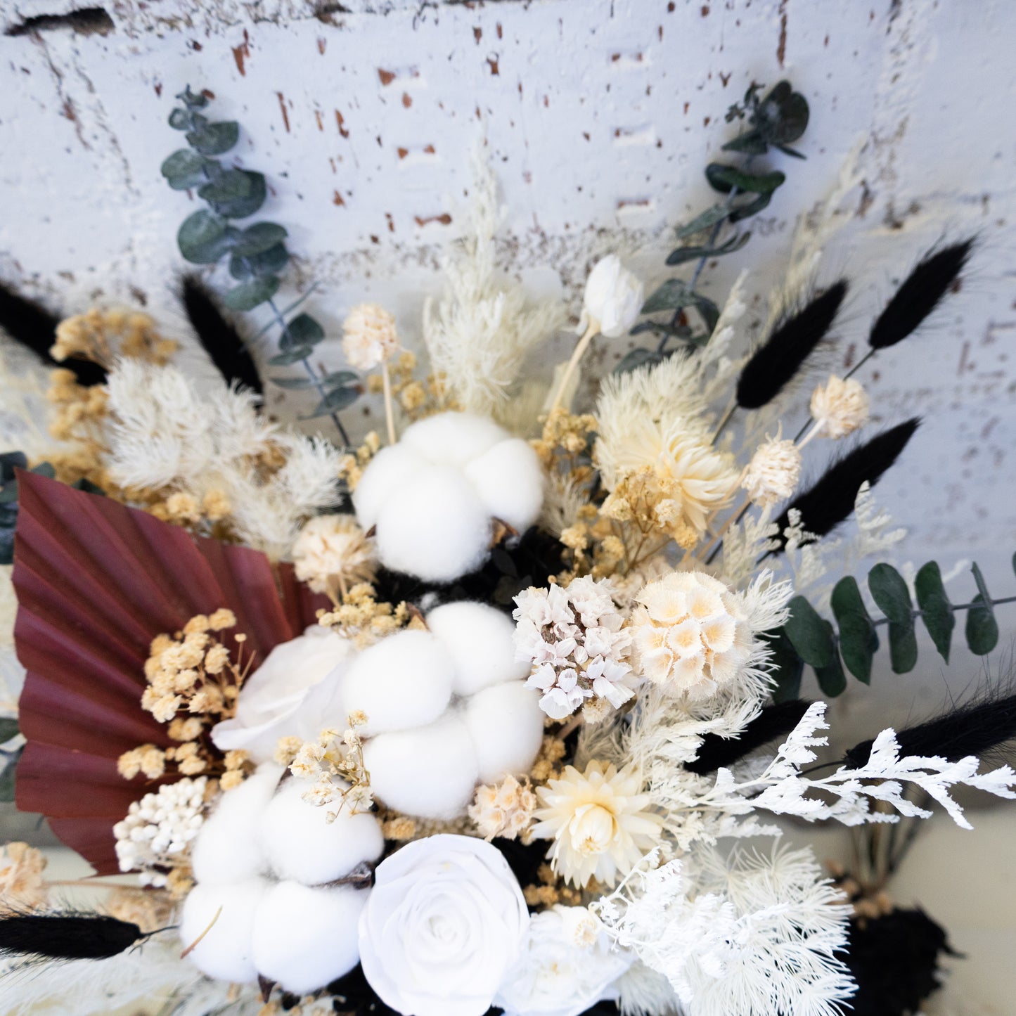 Black & White Preserved Dried Flower Bouquet – Cotton & Eucalyptus Arrangement