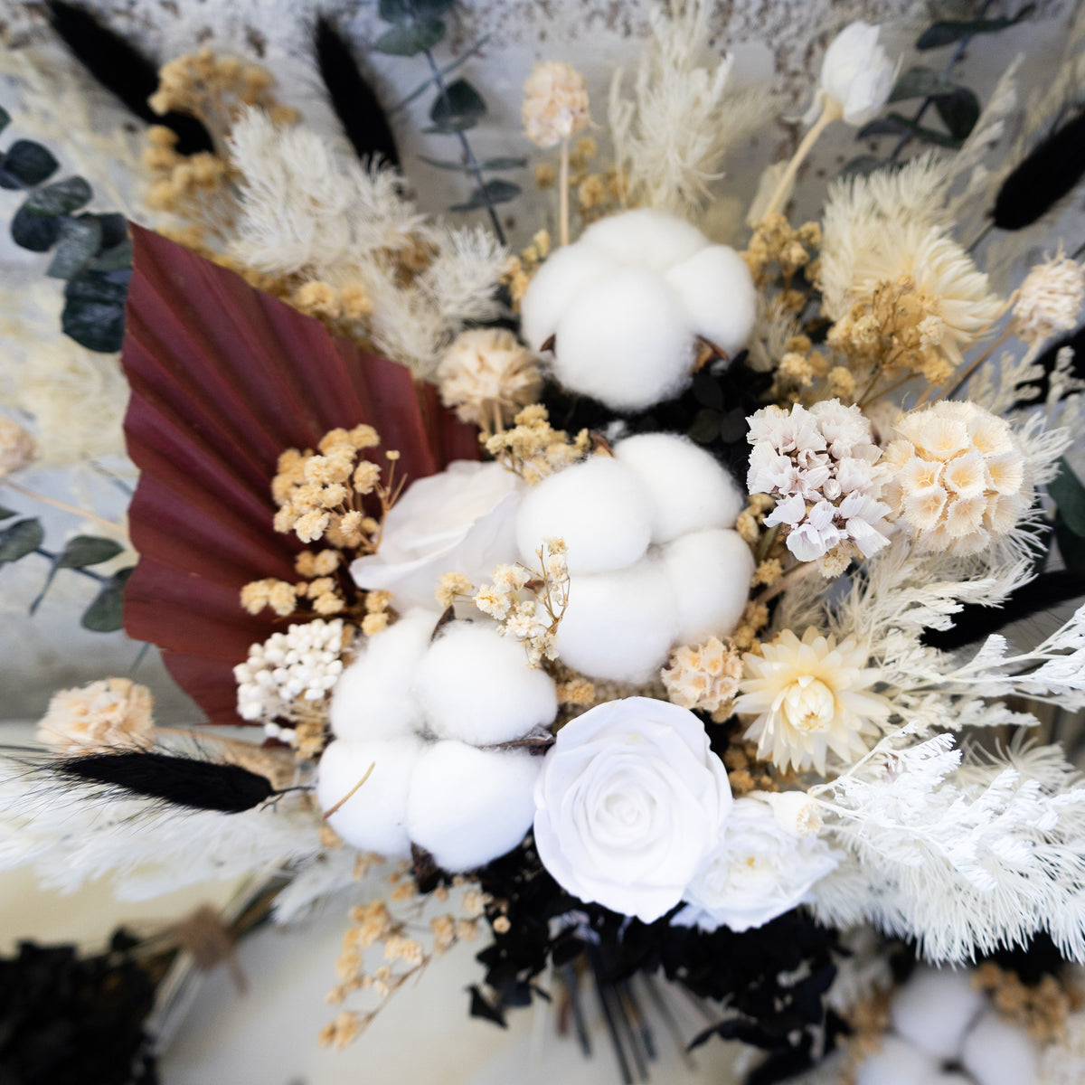 Black & White Preserved Dried Flower Bouquet – Cotton & Eucalyptus Arrangement