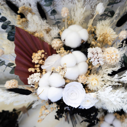 Black & White Preserved Dried Flower Bouquet – Cotton & Eucalyptus Arrangement