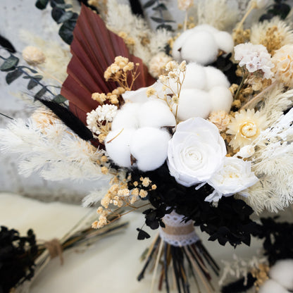 Black & White Preserved Dried Flower Bouquet – Cotton & Eucalyptus Arrangement