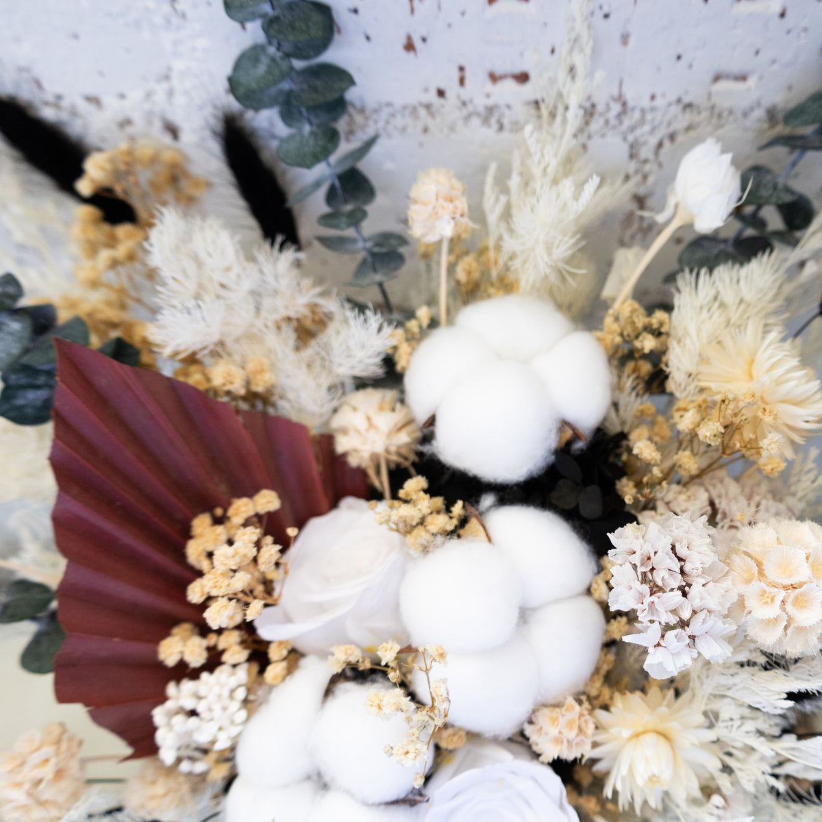 Black & White Preserved Dried Flower Bouquet – Cotton & Eucalyptus Arrangement
