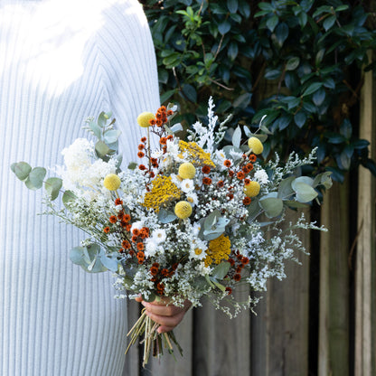 Wildflower dried wedding bouquet in vibrant Australian colours