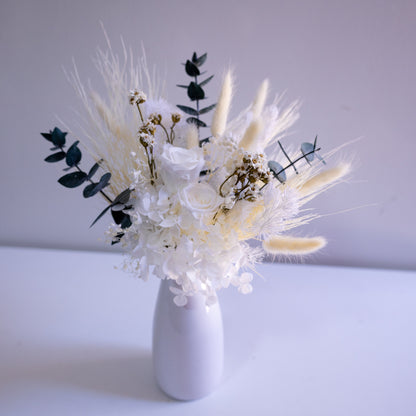 Elegant White & Green Preserved Flower Arrangement | Ceramic Vase Gift