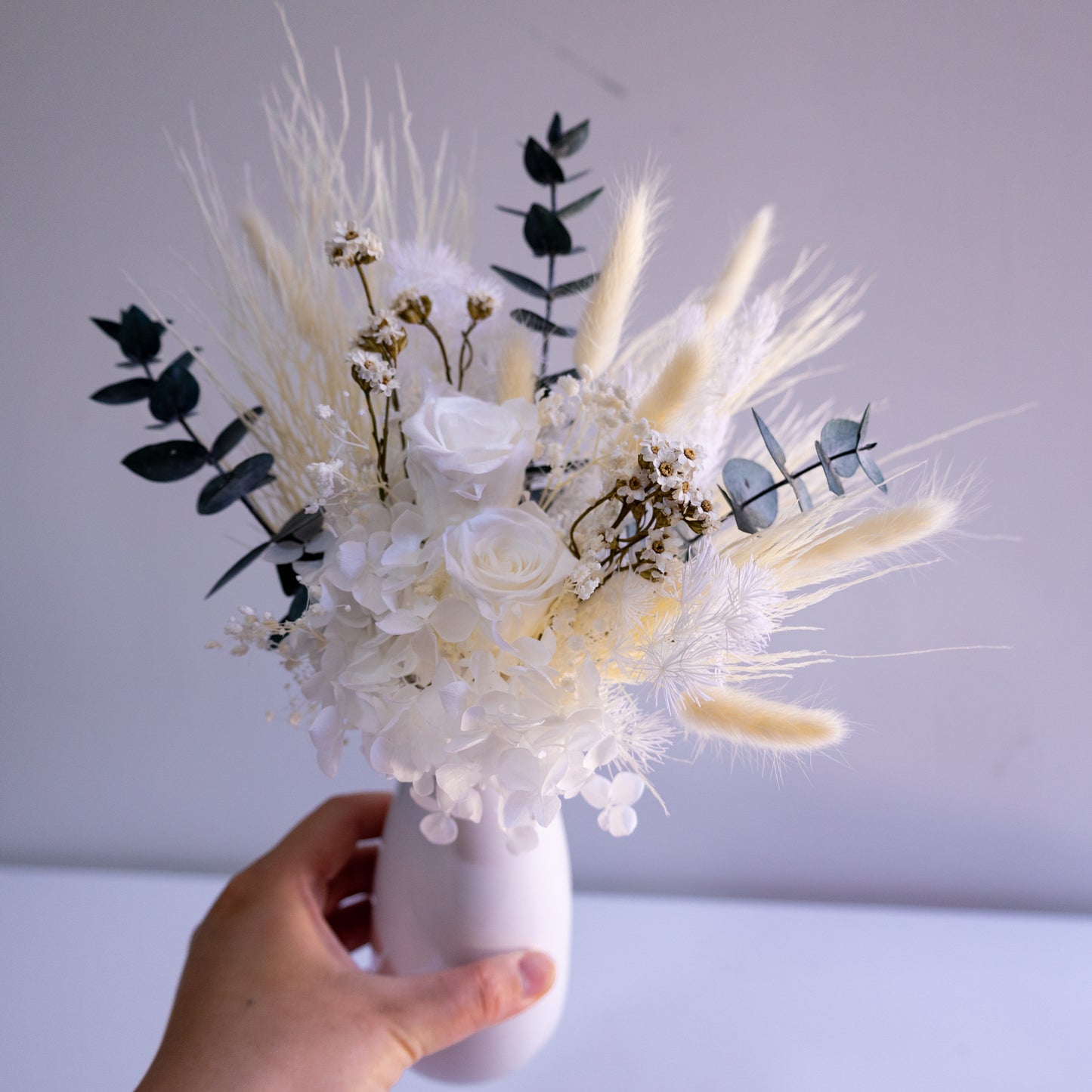 Elegant White & Green Preserved Flower Arrangement | Ceramic Vase Gift