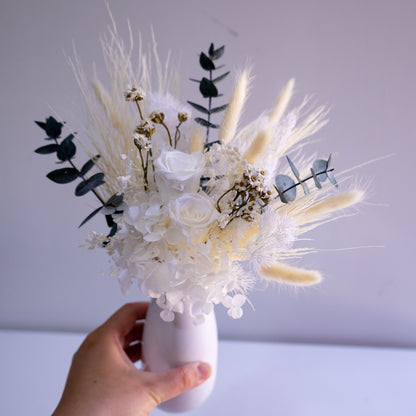 Elegant White & Green Preserved Flower Arrangement | Ceramic Vase Gift