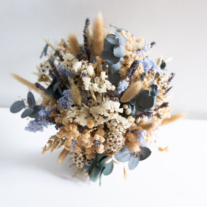 Blue & Cream Dried Flower Bouquet – Soft Neutral Wedding Bouquet