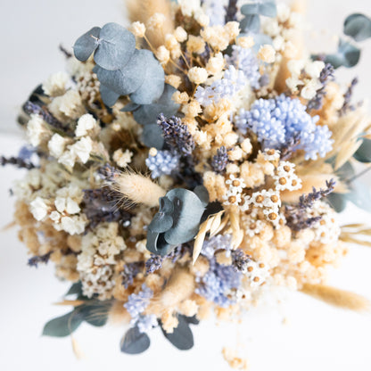 Blue & Cream Dried Flower Bouquet – Soft Neutral Wedding Bouquet
