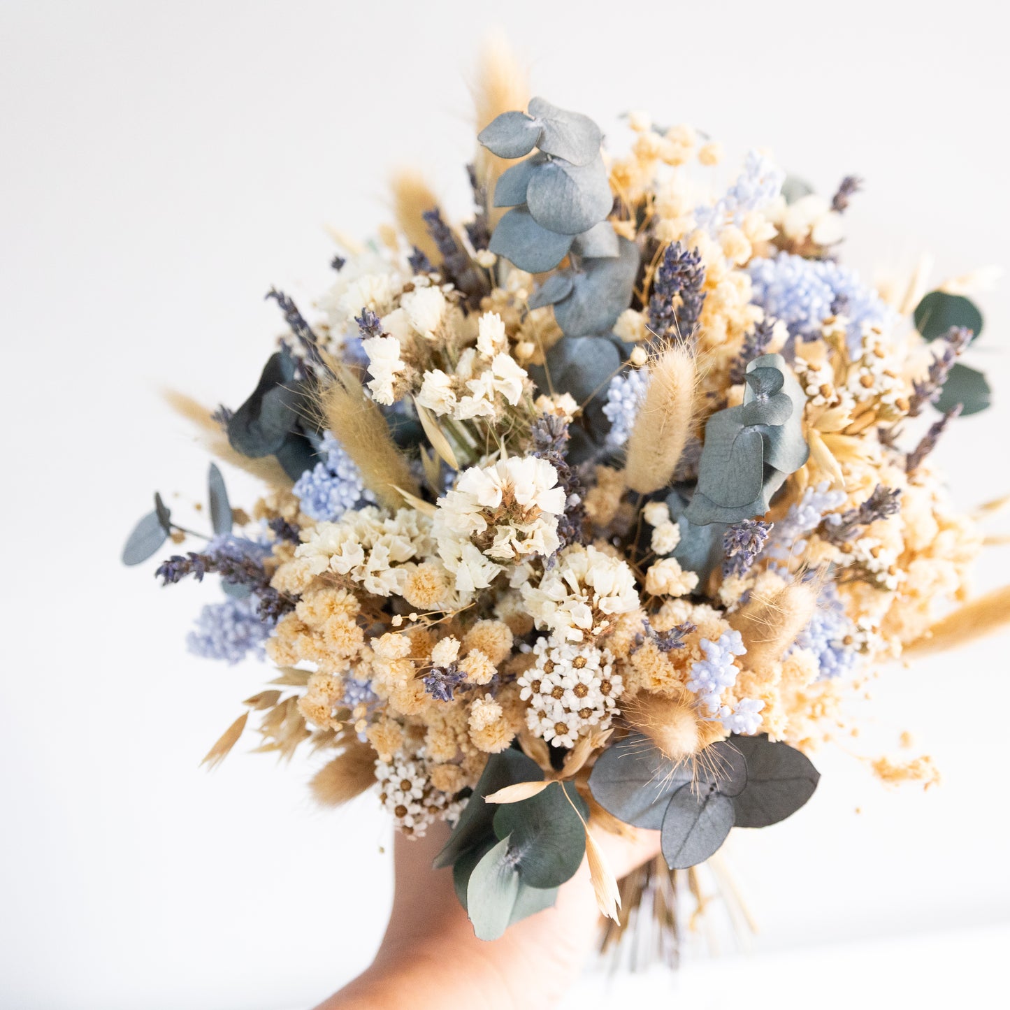 Blue & Cream Dried Flower Bouquet – Soft Neutral Wedding Bouquet