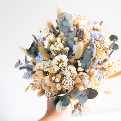 Blue & Cream Dried Flower Bouquet – Soft Neutral Wedding Bouquet