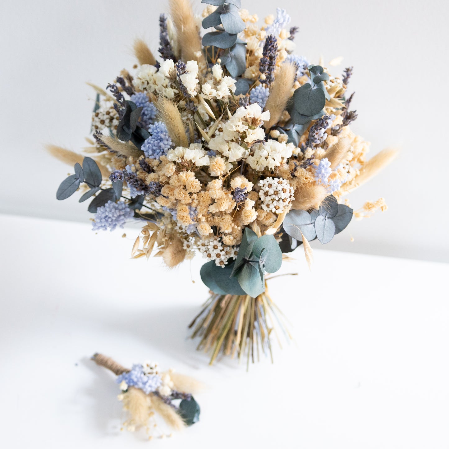 Blue & Cream Dried Flower Bouquet – Soft Neutral Wedding Bouquet