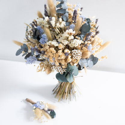 Blue & Cream Dried Flower Bouquet – Soft Neutral Wedding Bouquet