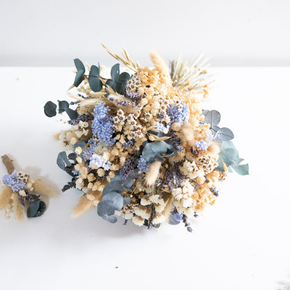 Blue & Cream Dried Flower Bouquet – Soft Neutral Wedding Bouquet