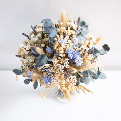 Blue & Cream Dried Flower Bouquet – Soft Neutral Wedding Bouquet