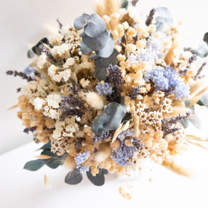Blue & Cream Dried Flower Bouquet – Soft Neutral Wedding Bouquet