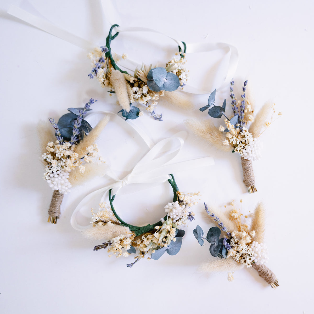 Blue & Cream Dried Flower Bouquet – Soft Neutral Wedding Bouquet