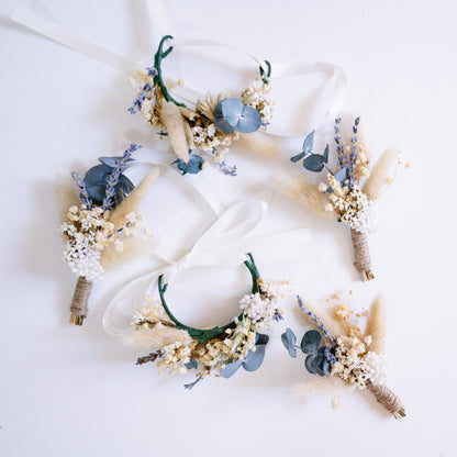 Blue & Cream Dried Flower Bouquet – Soft Neutral Wedding Bouquet