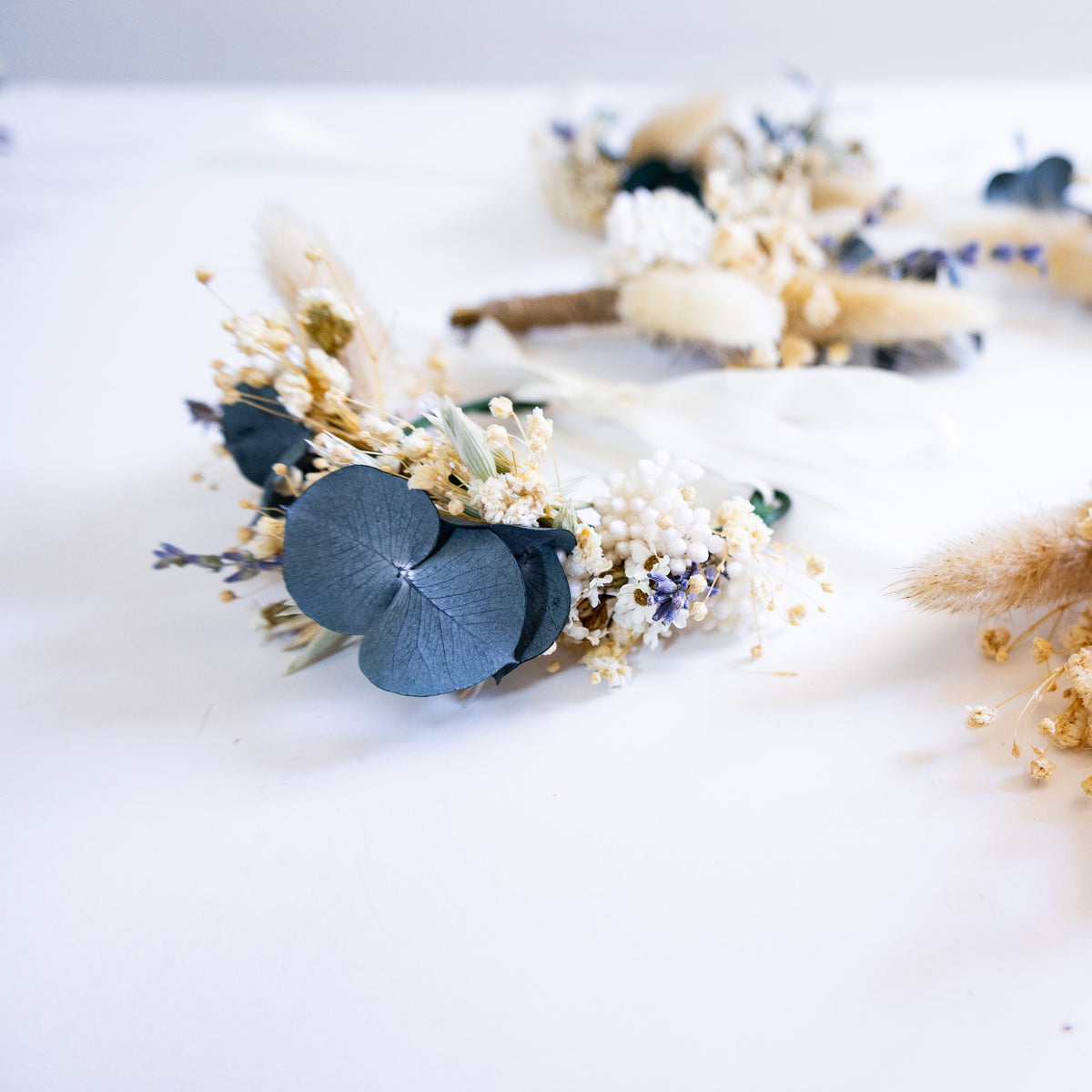 Blue & Cream Dried Flower Bouquet – Soft Neutral Wedding Bouquet