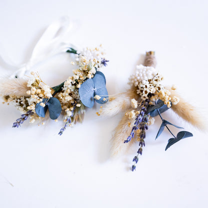 Blue & Cream Dried Flower Bouquet – Soft Neutral Wedding Bouquet