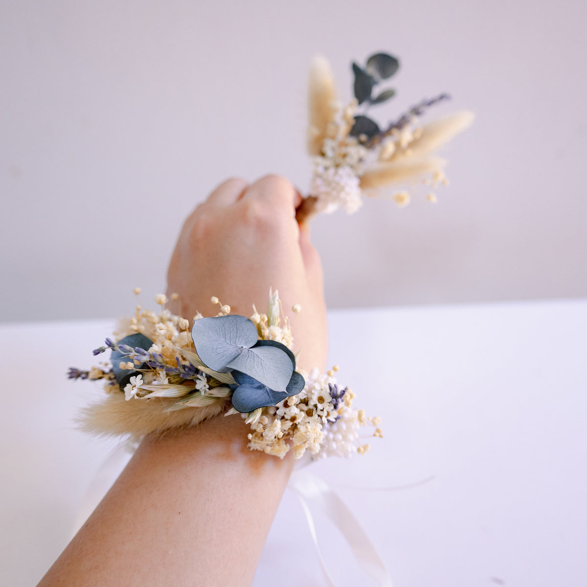 Blue & Cream Dried Flower Bouquet – Soft Neutral Wedding Bouquet