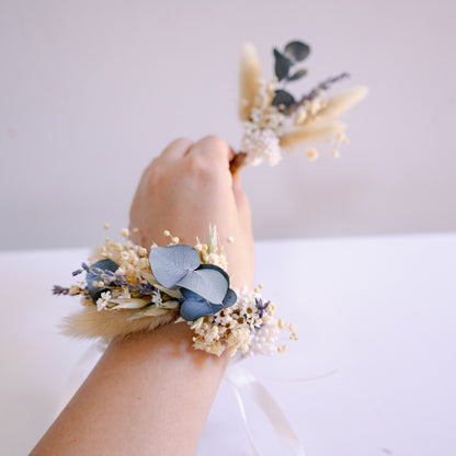 Blue & Cream Dried Flower Bouquet – Soft Neutral Wedding Bouquet