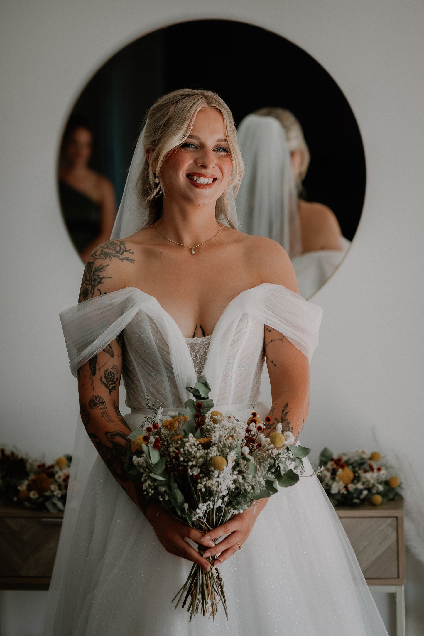 Wildflower dried wedding bouquet in vibrant Australian colours