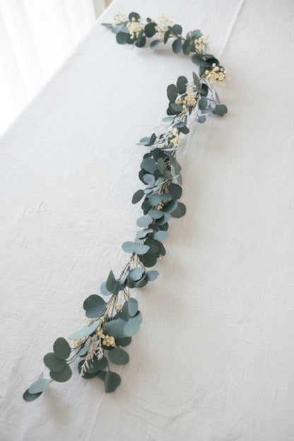 Eucalyptus & White Preserved Flower Table Garland | Wedding Table Runner