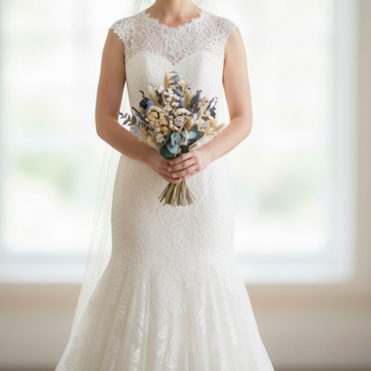 Blue & Cream Dried Flower Bouquet – Soft Neutral Wedding Bouquet