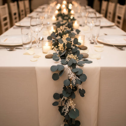Eucalyptus & White Preserved Flower Table Garland | Wedding Table Runner